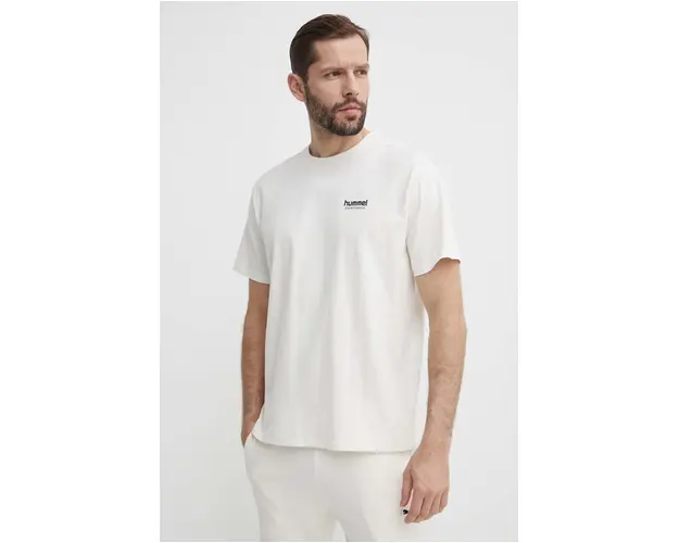 Hummel tricou din bumbac barbati, culoarea bej, cu imprimeu