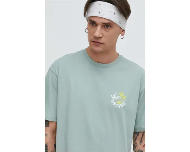 Vans tricou din bumbac barbati, culoarea verde, neted