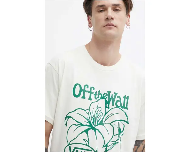 Vans tricou din bumbac barbati, culoarea bej, cu imprimeu