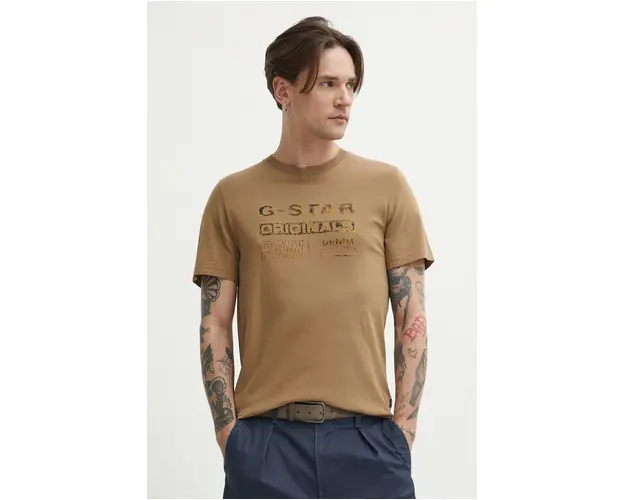 G-Star Raw tricou din bumbac barbati, culoarea bej, cu imprimeu