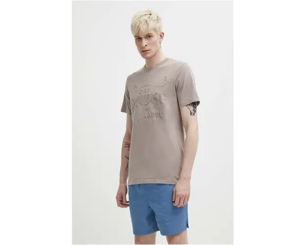 Superdry tricou din bumbac barbati, culoarea bej, cu imprimeu