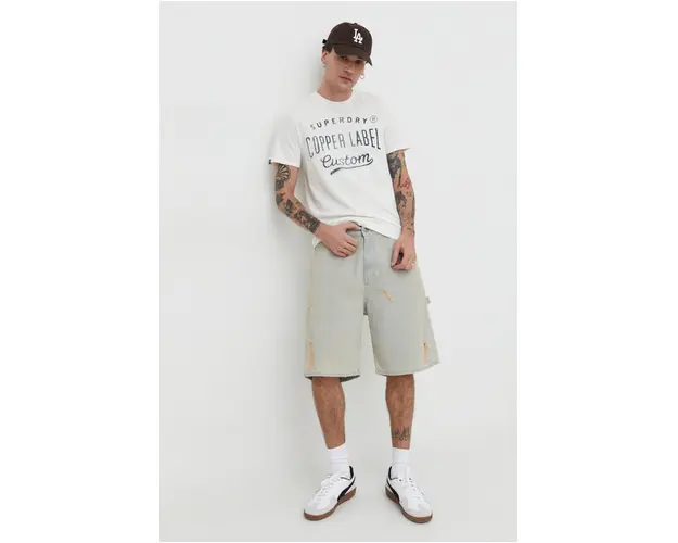 Superdry tricou din bumbac barbati, culoarea bej, cu imprimeu