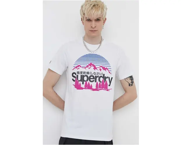 Superdry tricou din bumbac barbati, culoarea alb, cu imprimeu