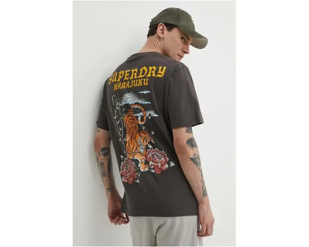Superdry tricou din bumbac barbati, culoarea gri, cu imprimeu