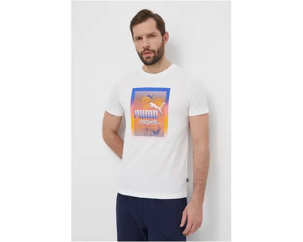 Puma tricou din bumbac barbati, culoarea alb, cu imprimeu, 680180