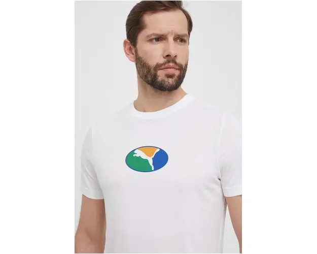 Puma tricou din bumbac barbati, culoarea alb, cu imprimeu, 680183