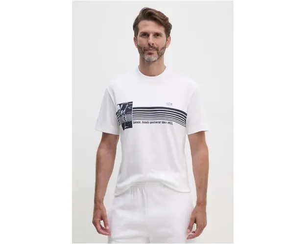 Lacoste tricou din bumbac barbati, culoarea alb, cu imprimeu