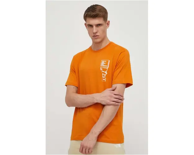 The North Face tricou din bumbac barbati, culoarea portocaliu, cu imprimeu, NF0A87FFPCO1