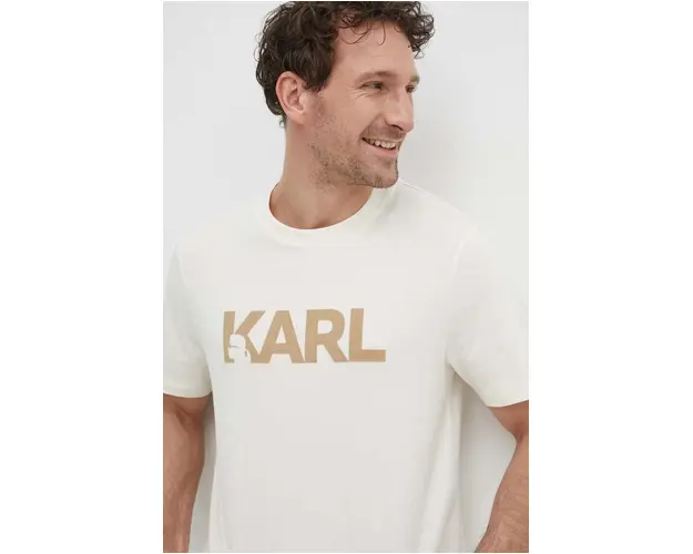 Karl Lagerfeld tricou din bumbac barbati, culoarea bej, cu imprimeu