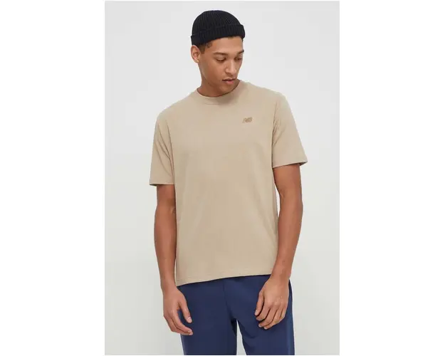 New Balance tricou din bumbac barbati, culoarea bej, cu imprimeu