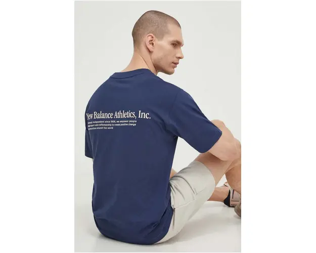 New Balance tricou din bumbac barbati, culoarea albastru marin, cu imprimeu, MT41588NNY
