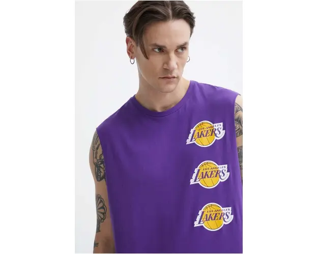 New Era tricou din bumbac barbati, culoarea violet, LOS ANGELES LAKERS