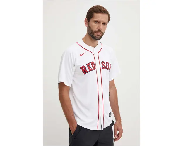 Nike tricou MLB Boston Red Sox culoarea alb, cu guler stand-up, regular