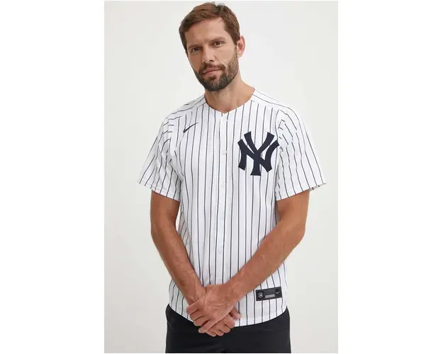 Nike tricou MLB New York Yankees culoarea alb, cu guler stand-up, regular