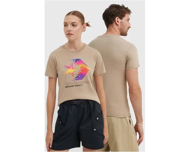 Converse tricou din bumbac culoarea bej, cu imprimeu, 10026364-A03
