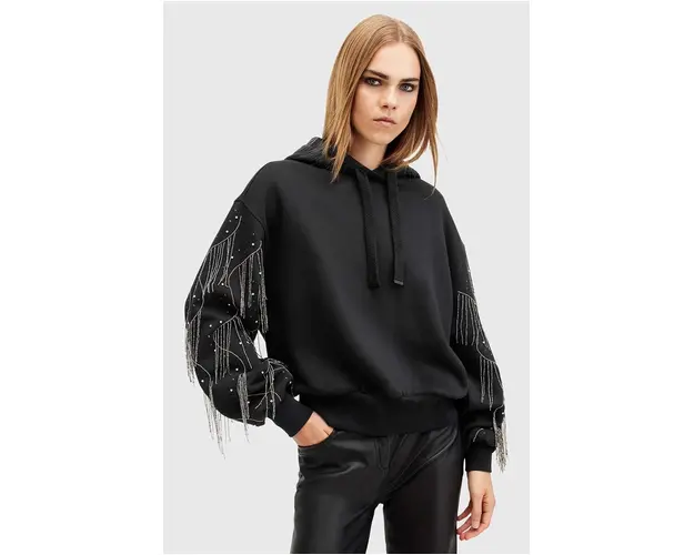 AllSaints hanorac de bumbac LENNON TASSEL femei, culoarea negru, cu gluga, cu imprimeu, W002JA