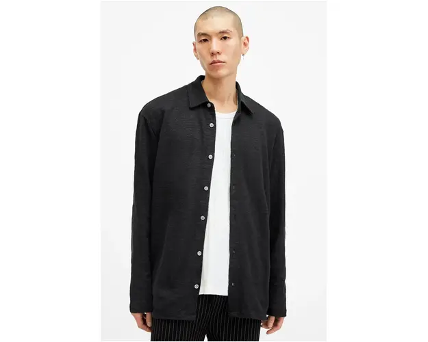 AllSaints camasa din bumbac FOSTER barbati, culoarea negru, cu guler clasic, relaxed, M004PB