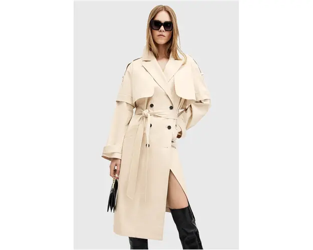 AllSaints trenci din bumbac CLYDE culoarea alb, de tranzitie, cu doua randuri de nasturi, W021OB