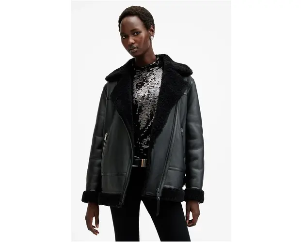 AllSaints geaca de piele SOLA femei, culoarea negru, de tranzitie, W120LB