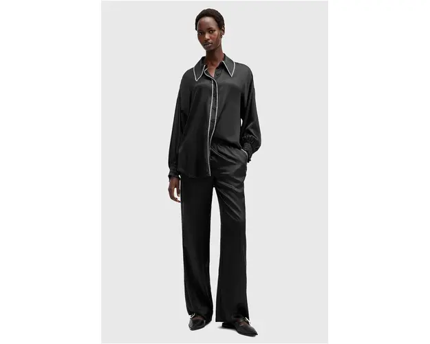 AllSaints pantaloni din amestec de matase CHARLI culoarea negru, lat, high waist, W010TB