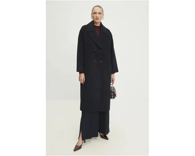 Answear Lab palton de lana culoarea albastru marin, de tranzitie, oversize