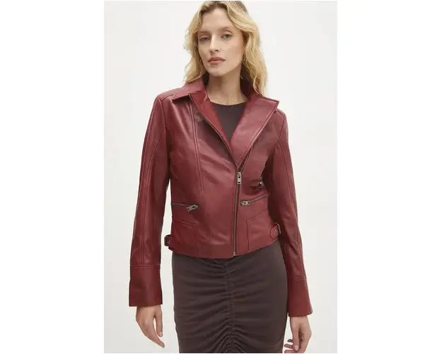 Answear Lab geaca ramones de piele femei, culoarea rosu, de tranzitie