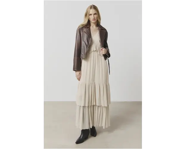 Answear Lab geaca ramones de piele femei, culoarea maro, de tranzitie, oversize