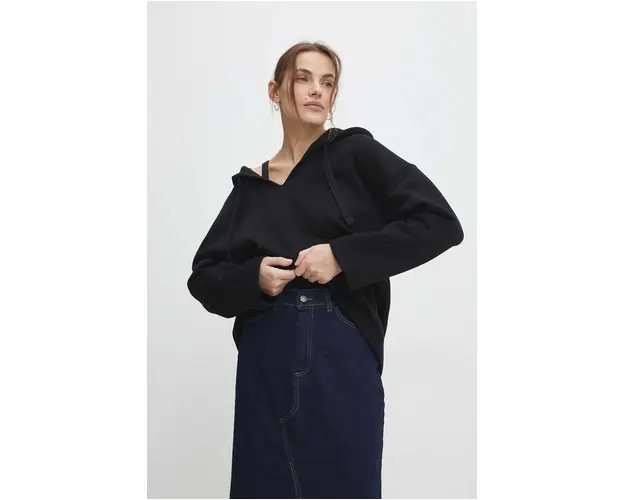 Answear Lab bluza femei, culoarea negru, cu gluga, neted