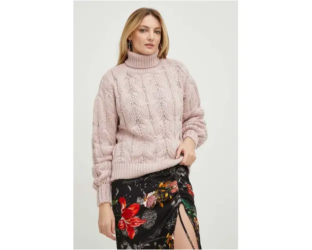Answear Lab pulover de lana femei, culoarea roz, calduros, cu guler