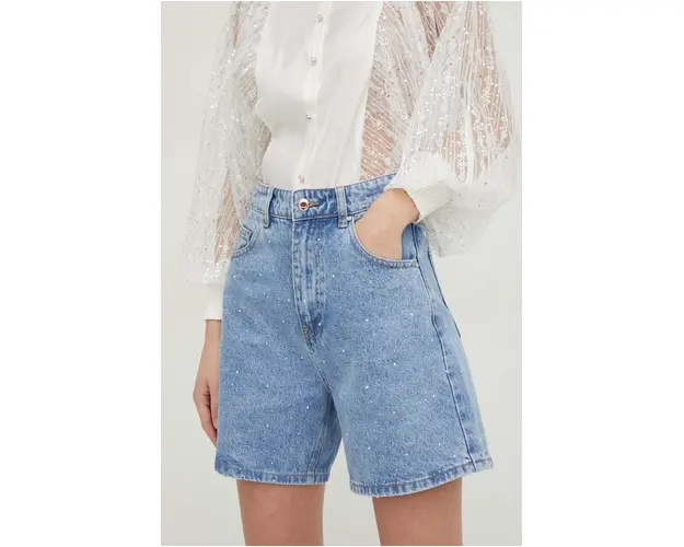 Answear Lab pantaloni scurti jeans x colectia limitata SISTERHOOD femei, cu imprimeu, high waist