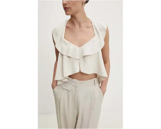 Answear Lab bluza din in culoarea bej, neted
