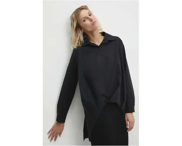 Answear Lab bluza femei, culoarea negru, cu guler clasic, relaxed
