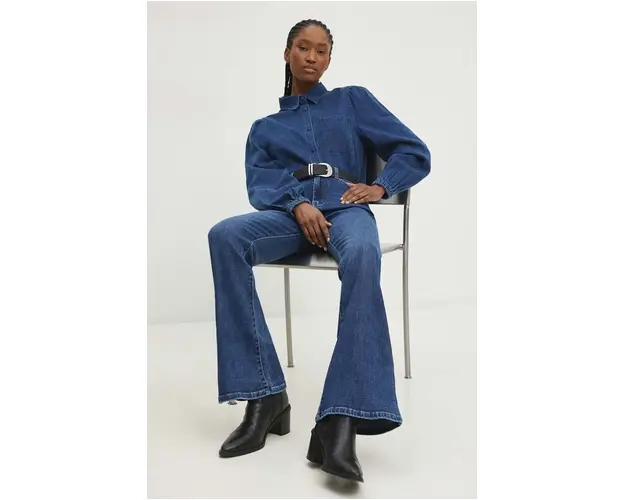 Answear Lab camasa jeans femei, culoarea albastru marin, cu guler stand-up, regular