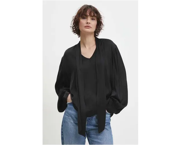 Answear Lab bluza cu matase culoarea negru, neted