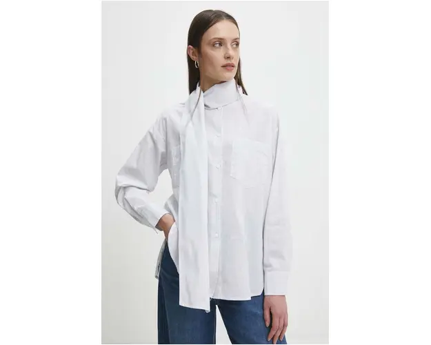 Answear Lab camasa din bumbac femei, culoarea alb, cu un decolteu legat, relaxed