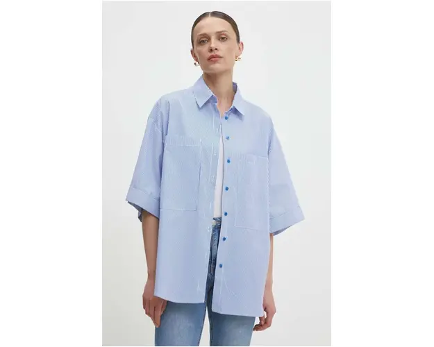 Answear Lab camasa din bumbac femei, culoarea albastru marin, cu guler clasic, relaxed