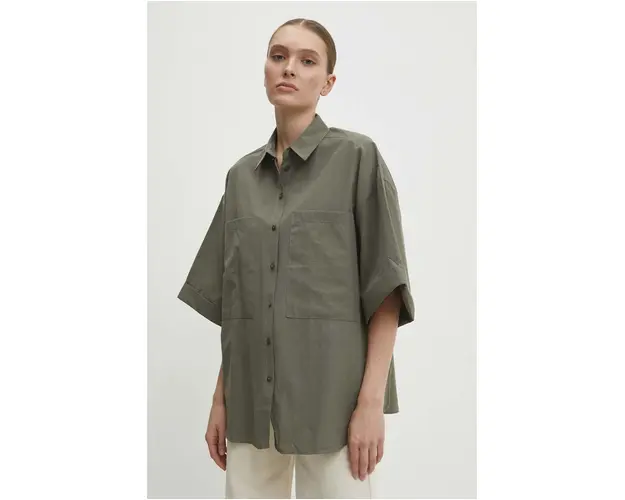 Answear Lab camasa din bumbac femei, culoarea verde, cu guler clasic, relaxed