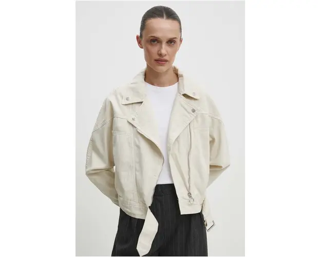 Answear Lab geaca jeans femei, culoarea bej, de tranzitie, oversize