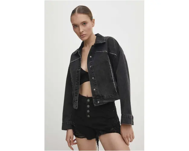Answear Lab geaca jeans femei, culoarea negru, de tranzitie, oversize