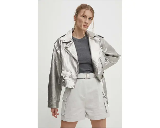 Answear Lab geaca ramones femei, culoarea argintiu, de tranzitie, oversize