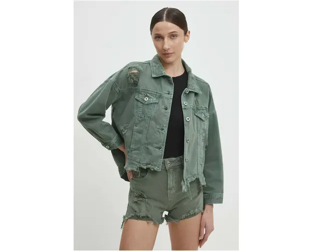 Answear Lab geaca jeans femei, culoarea verde, de tranzitie, oversize