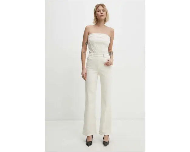Answear Lab salopeta jeans culoarea bej, cold shoulder
