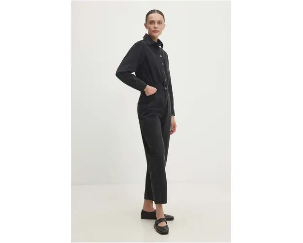 Answear Lab salopeta jeans culoarea gri, bumbac, cu guler