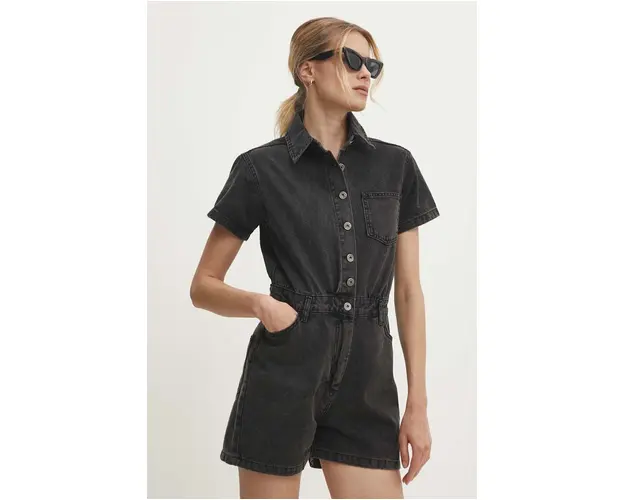 Answear Lab salopeta jeans culoarea negru, bumbac, cu guler