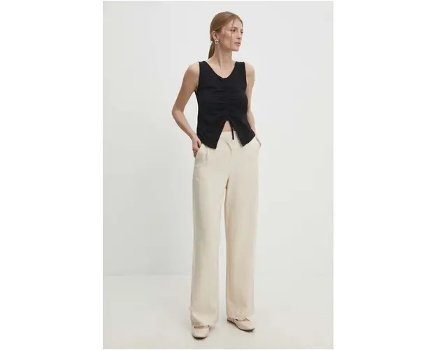Answear Lab pantaloni femei, culoarea bej, drept, high waist