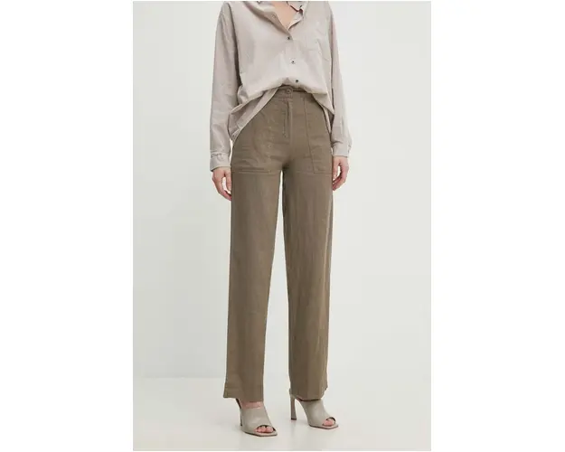 Answear Lab pantaloni din in culoarea verde, drept, high waist