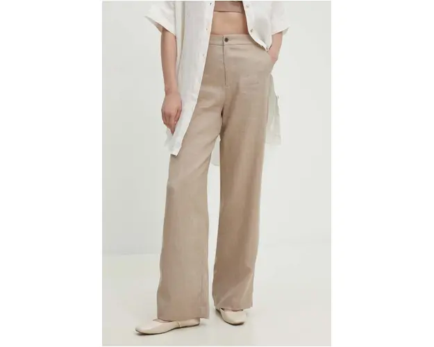 Answear Lab pantaloni din in culoarea bej, drept, high waist