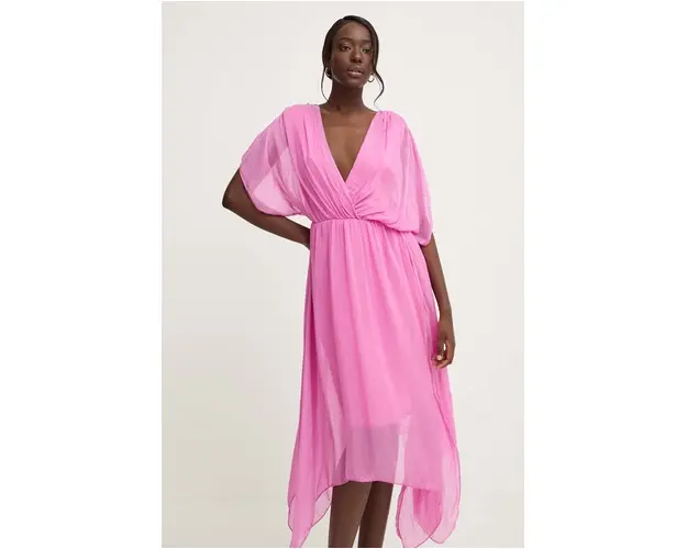 Answear Lab rochie din matase culoarea roz, midi, evazati