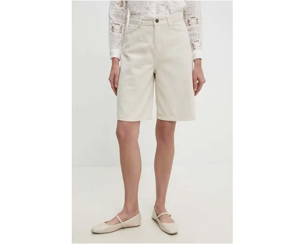 Answear Lab pantaloni scurti jeans femei, culoarea bej, neted, high waist