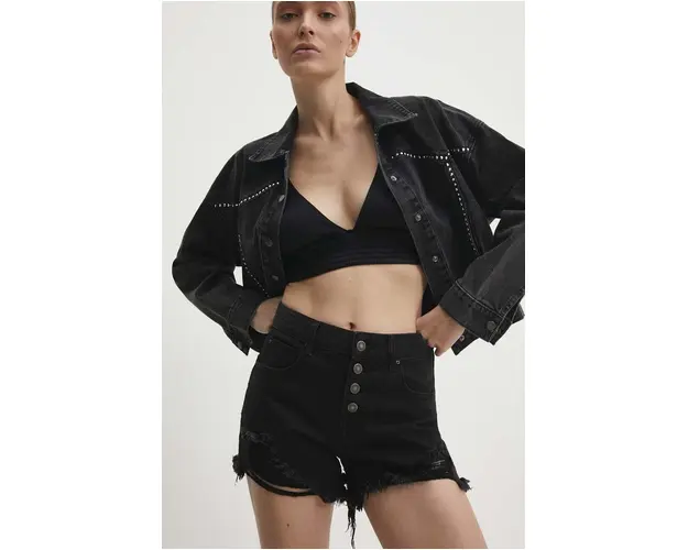 Answear Lab pantaloni scurti jeans femei, culoarea negru, neted, high waist